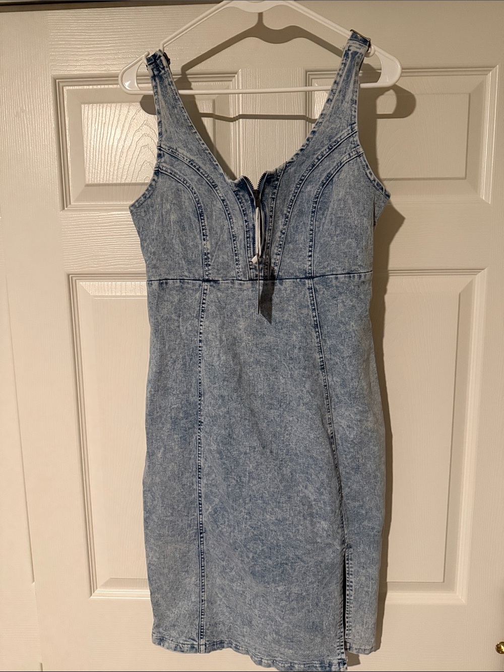 Light Blue Acid-Wash Denim Mini Dress with Front Zip